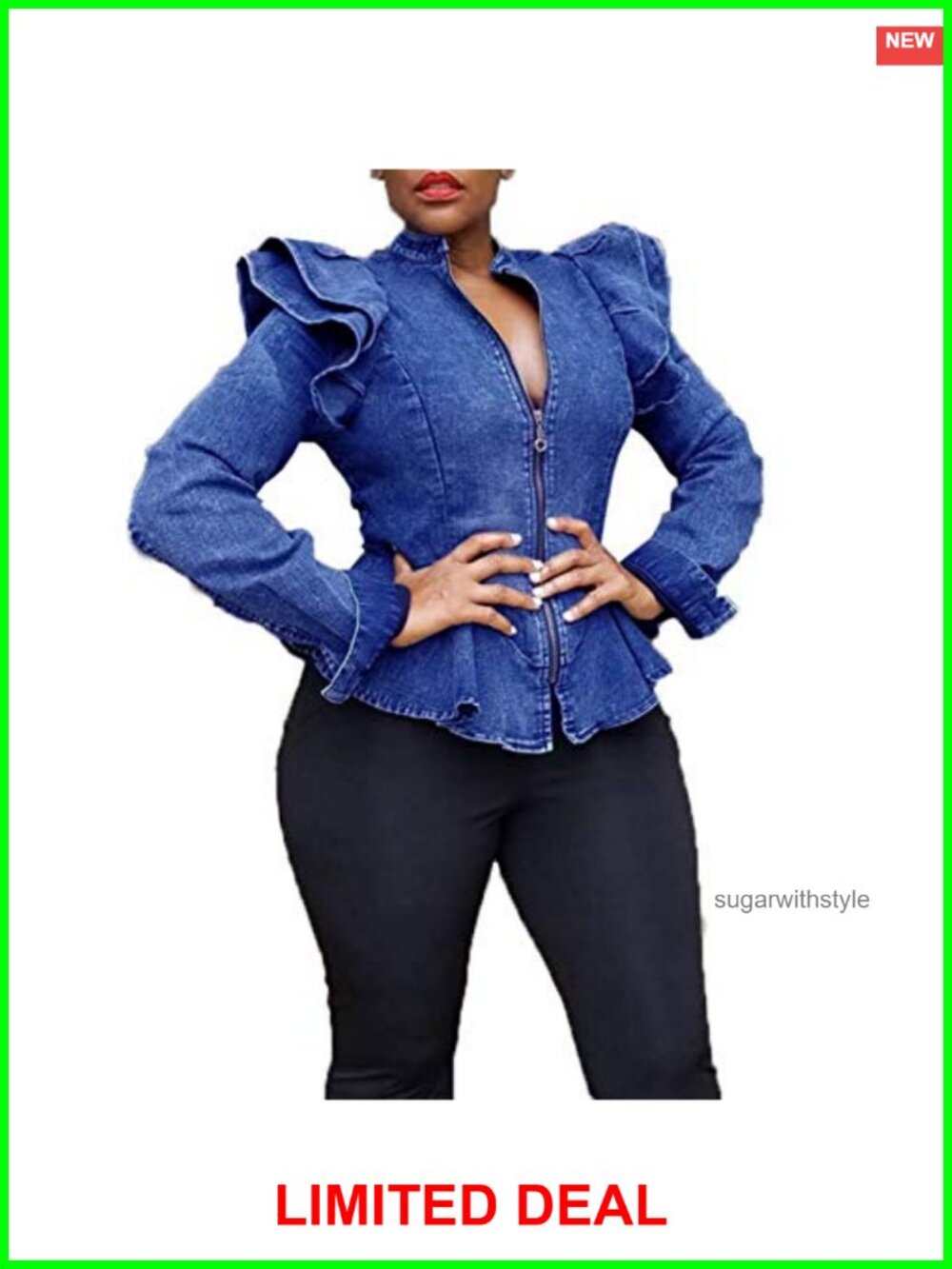 Ruffle Sleeve Denim Jacket Peplum Zip Front Slim Fit Women's Coat